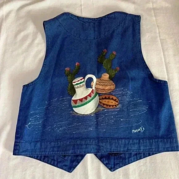 Vintage 80's Sundance Denim Vest Size Medium Acid Wash Painted Southwest Aztec - Picture 9 of 9